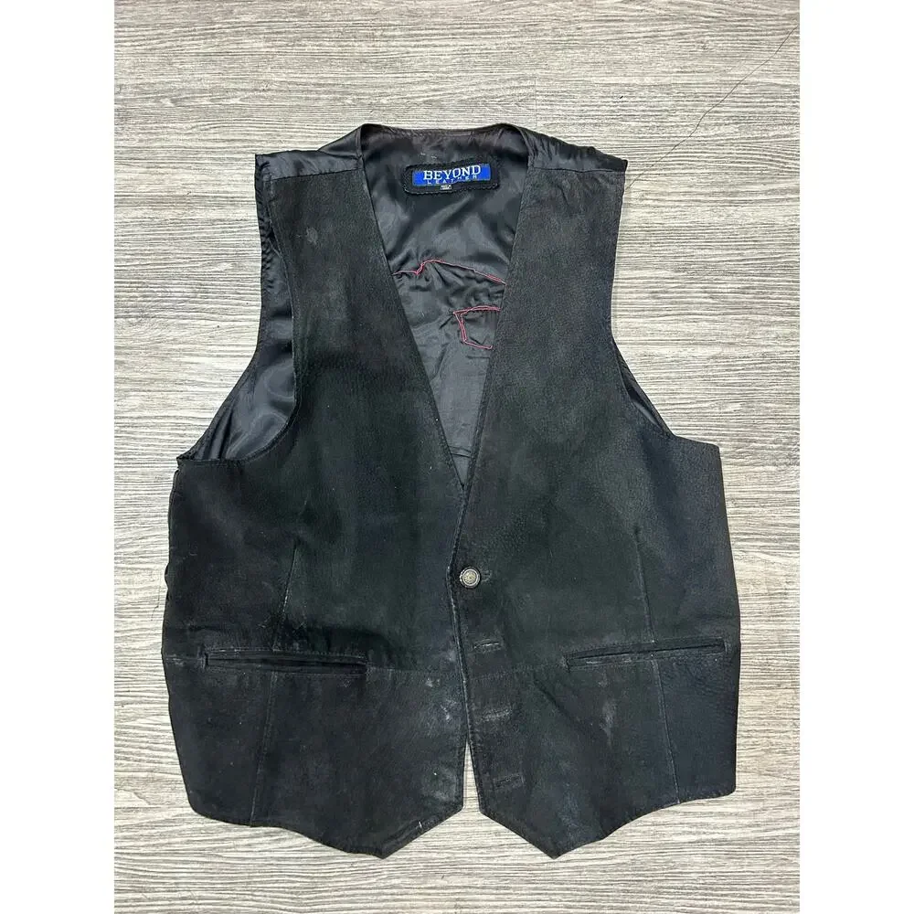 Vintage Beyond Leather Black Suede USMC Vest Men's Size Large (Missing Buttons)